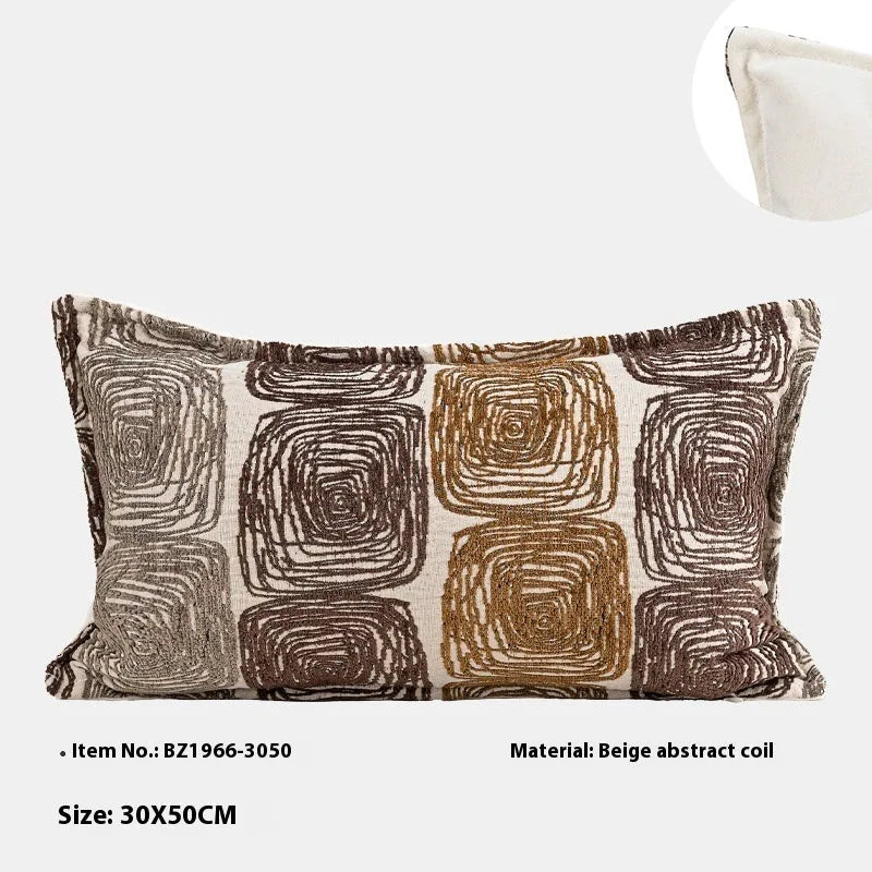Abstract coil pattern pillow cover in cream and coffee colours with feather velvet texture