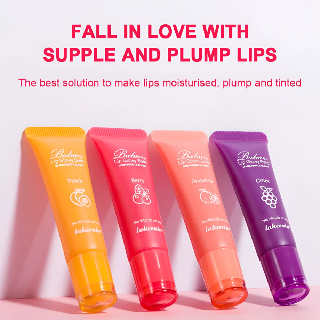 Women's fruity flavour lip gloss in berry, grape, grapefruit, and yellow peach variants.