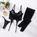 Women's one-piece underwear set with steel ring, mesh hollow, see-through assembly stockings in black, polyester fibre