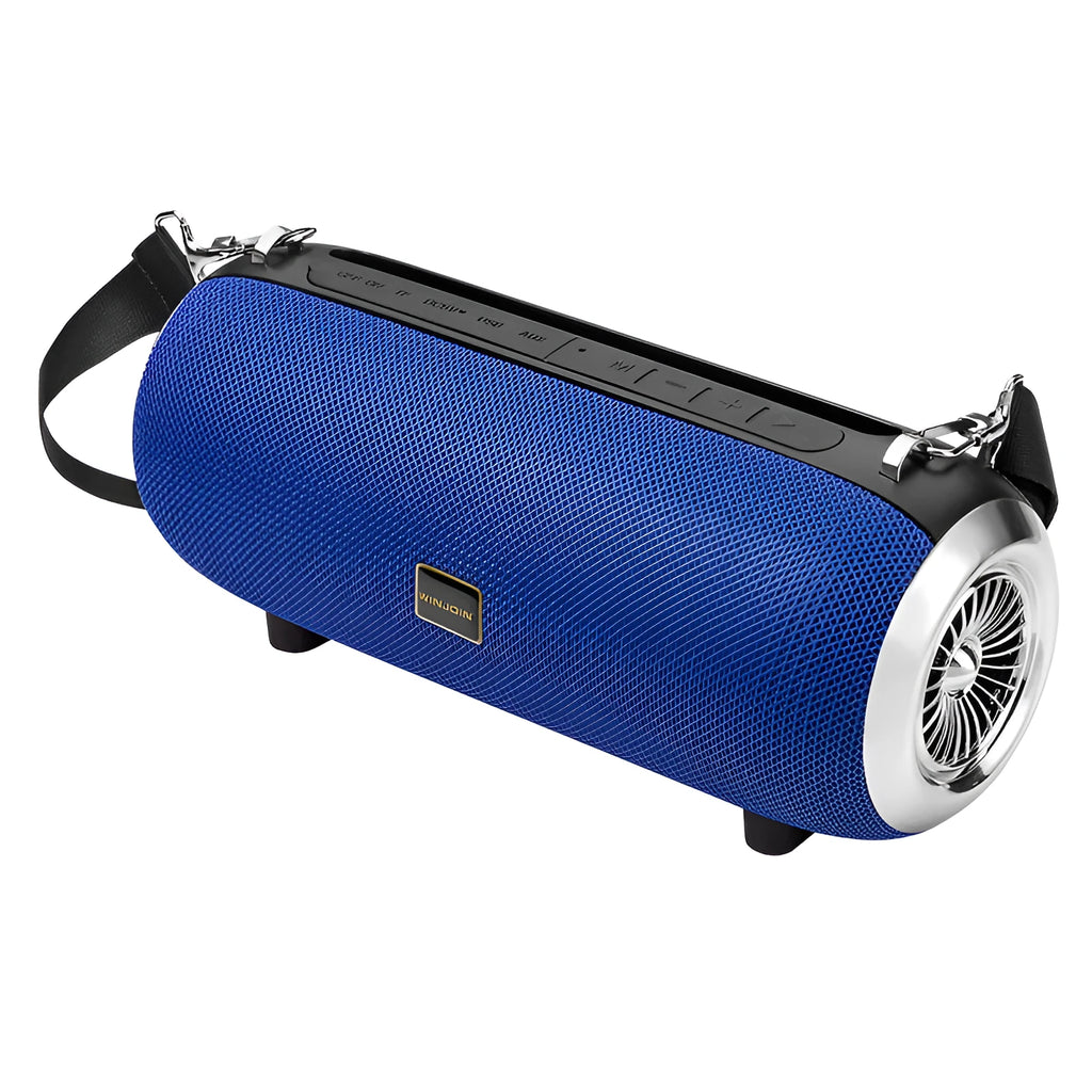 Square fabric Bluetooth speaker with shoulder strap showing mobile phone stand function and retractable FM antenna