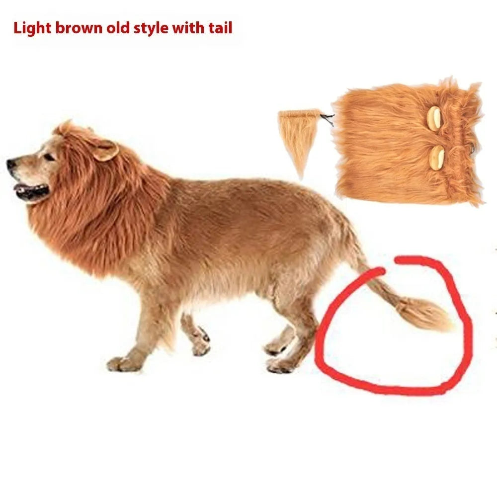 Dog wearing lion head cover in light brown with elastic band adjustment, three sizes S M L