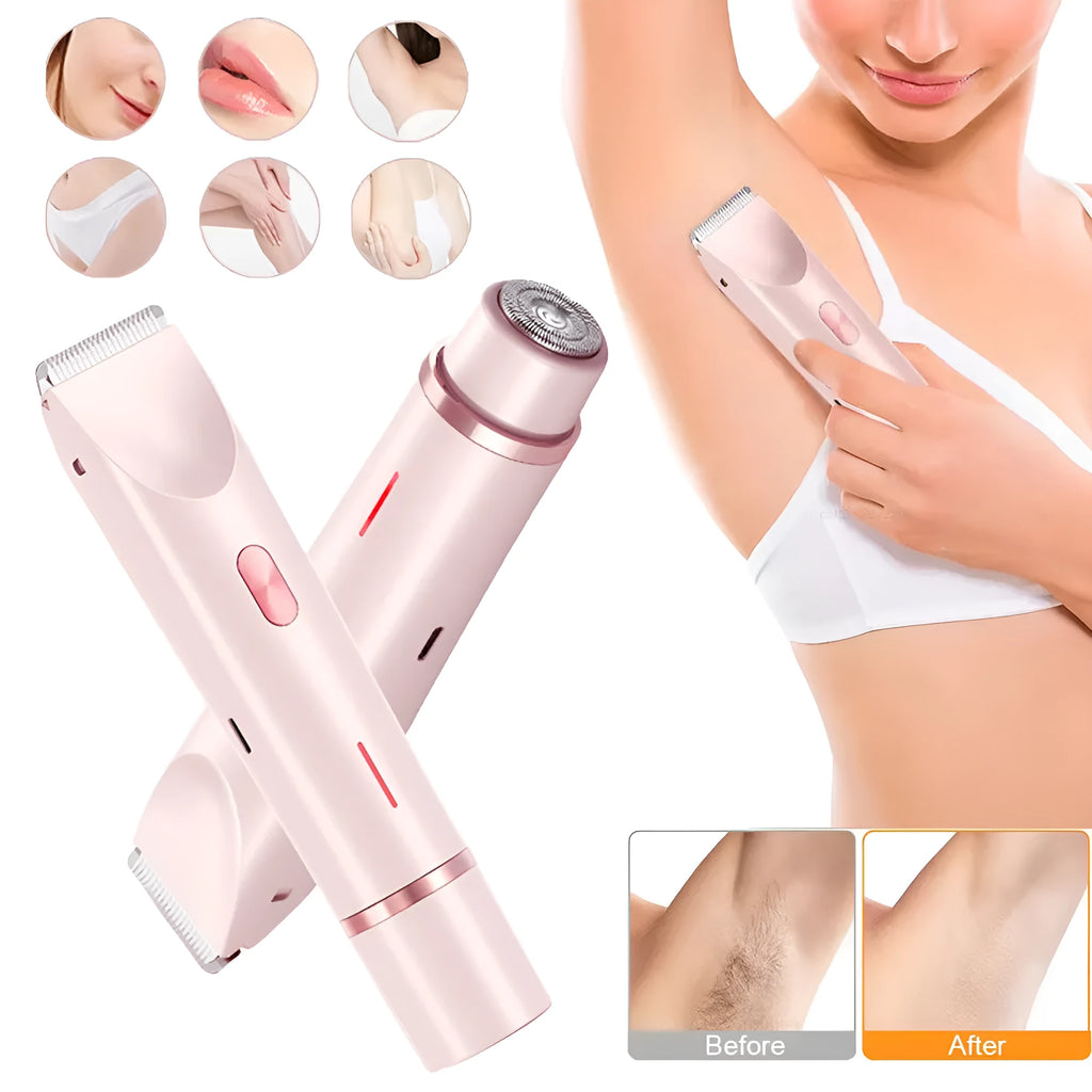 2-in-1 women's electric body hair trimmer double head shaver USB rechargeable pink for wet dry use on bikini line legs underarms