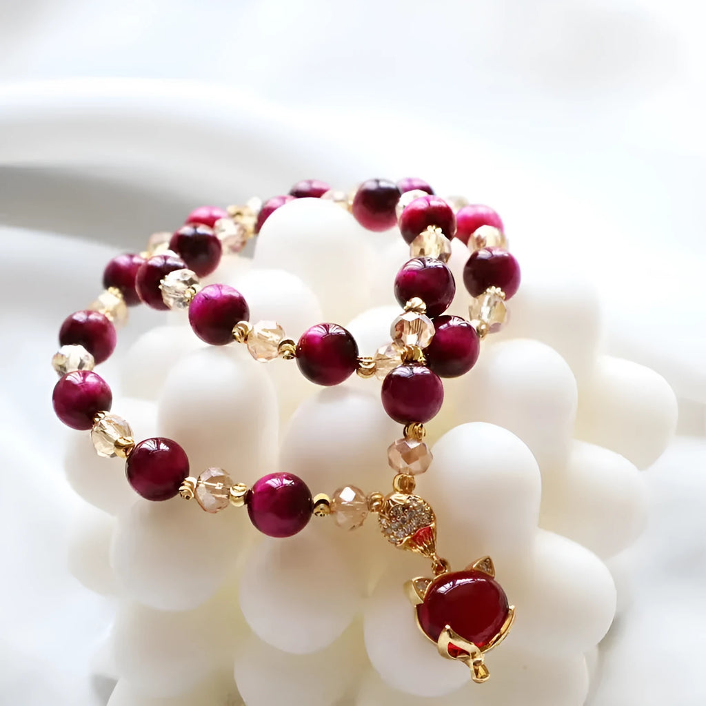 Handmade natural Tigereye stone crystal bracelet with double chain, rose red fox charm