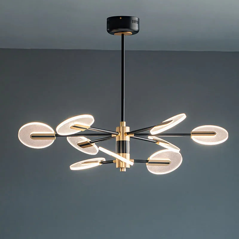 Modern iron and acrylic LED chandelier pendant light with multiple heads for ceiling installation.