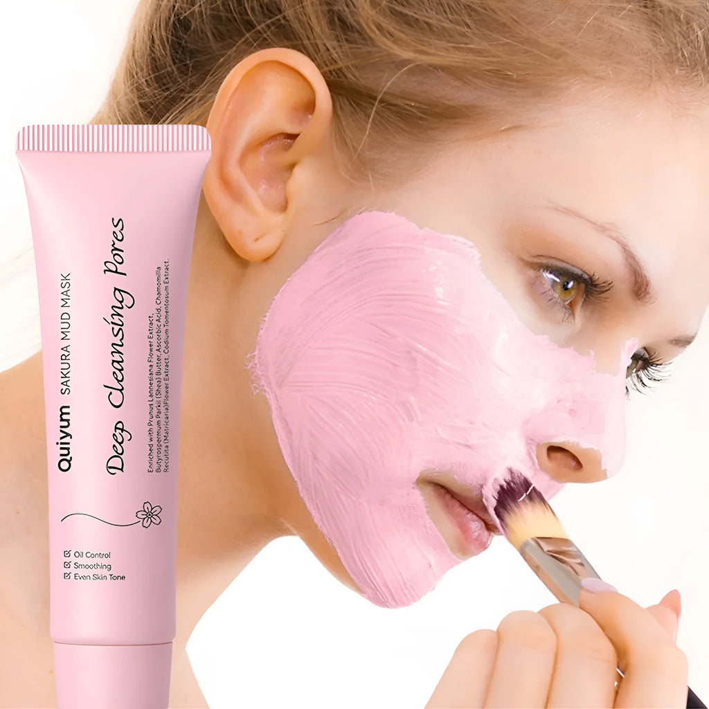 Cherry blossom mud mask 30g packaging with facial mask application for cleansing and hydrating skincare