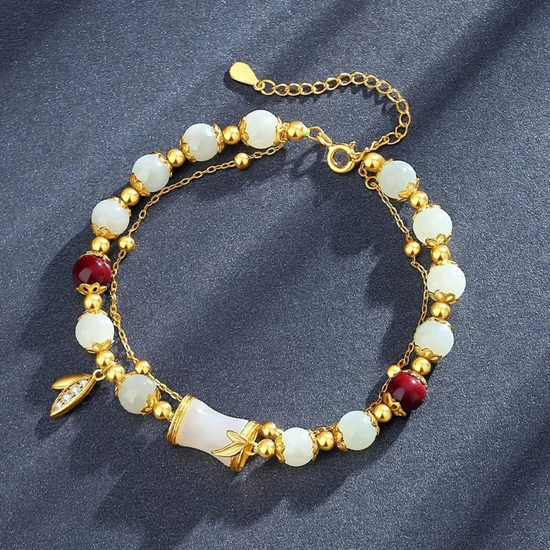 Retro unisex glass coloured glaze bracelet with flower-shaped Ruyi charm in green and electroplated finish