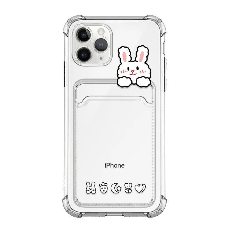 Transparent cartoon design iPhone case with integrated card holder slot for Apple iPhone models.