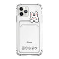 Transparent cartoon design iPhone case with integrated card holder slot for Apple iPhone models.