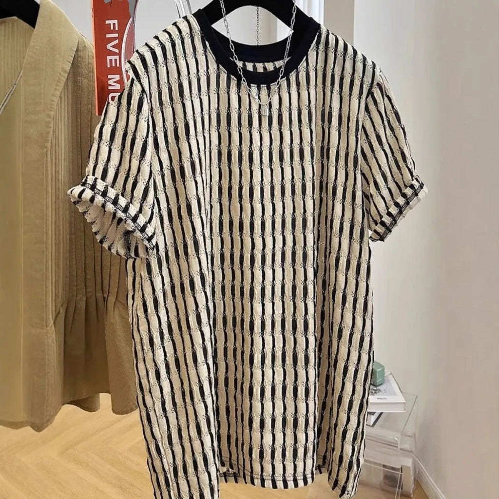 Men's black striped casual shirt with loose fit design and short sleeves in silk-linen blend fabric