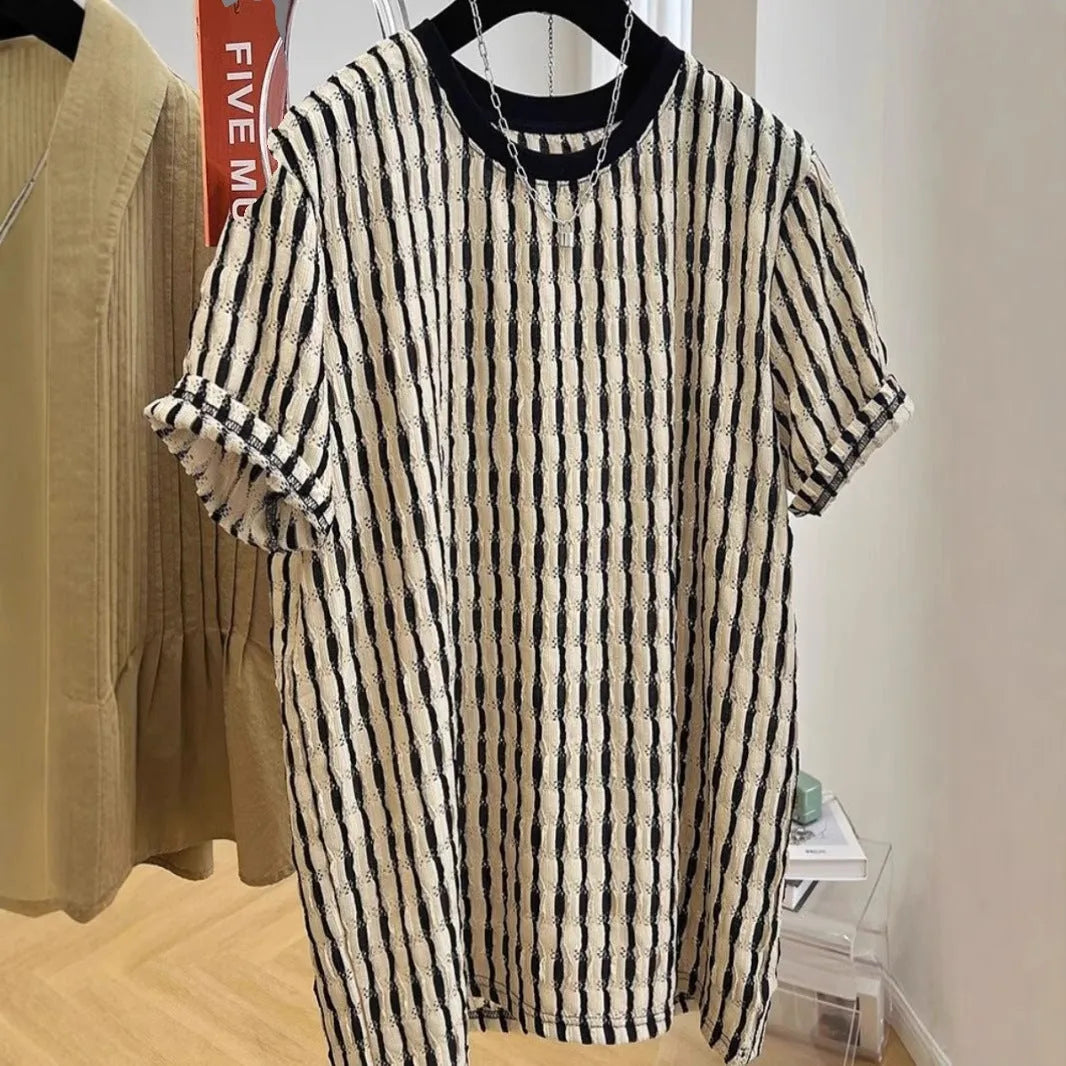 Men's black striped casual shirt with loose fit design and short sleeves in silk-linen blend fabric
