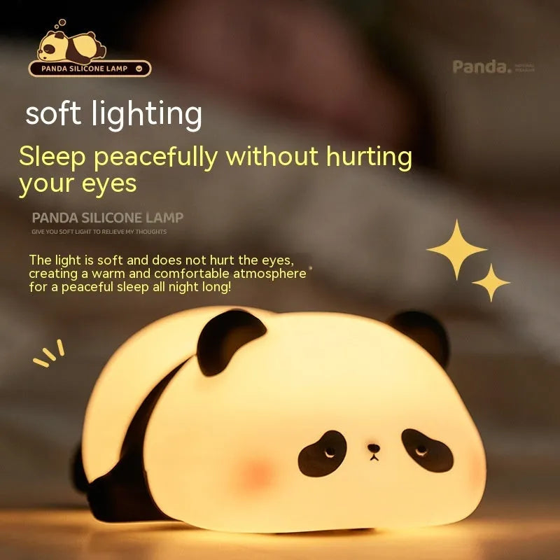 Cute panda night light made of soft BPA-free silicone with warm glow, measuring 150x130x80mm
