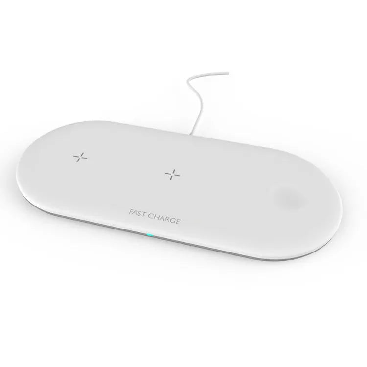 White three-in-one wireless charging station for Apple Watch, iPhone, and earbuds on a desk.