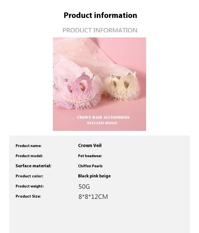 Pet cat wearing princess crown headdress with layered veil in beige or pink colour option