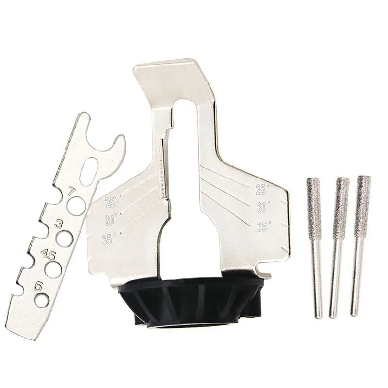 Silver mini electric chain grinding machine with metal band saw blade showing tooth detail