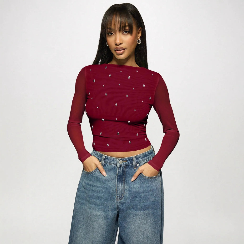 Women's wine red double-layer mesh rhinestone long sleeve pullover top side view