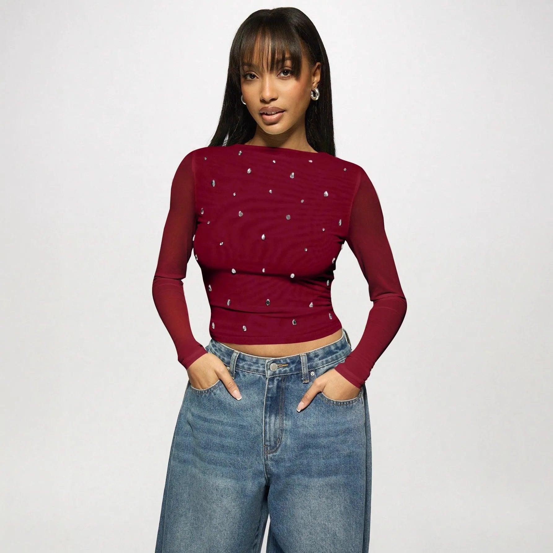 Women's wine red double-layer mesh rhinestone long sleeve pullover top side view