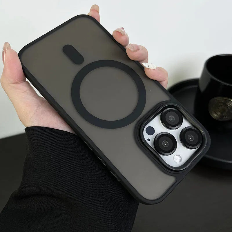 Large hole frosted magnetic phone case for iPhone in black with built-in magnetic backing