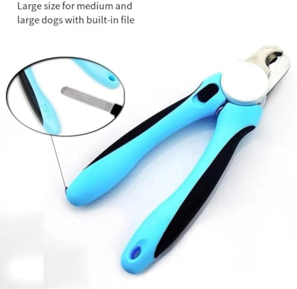 Blue heavy-duty dog nail clippers with safety guard for large breed dogs and thick nails.
