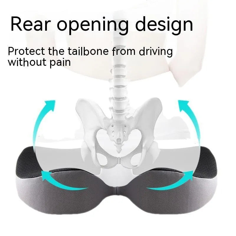 Curved bevel seat cushion with memory foam core for tailbone support during driving
