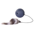 Blue and orange plush cat toy ball with grey mouse attachment measuring 8.5cm