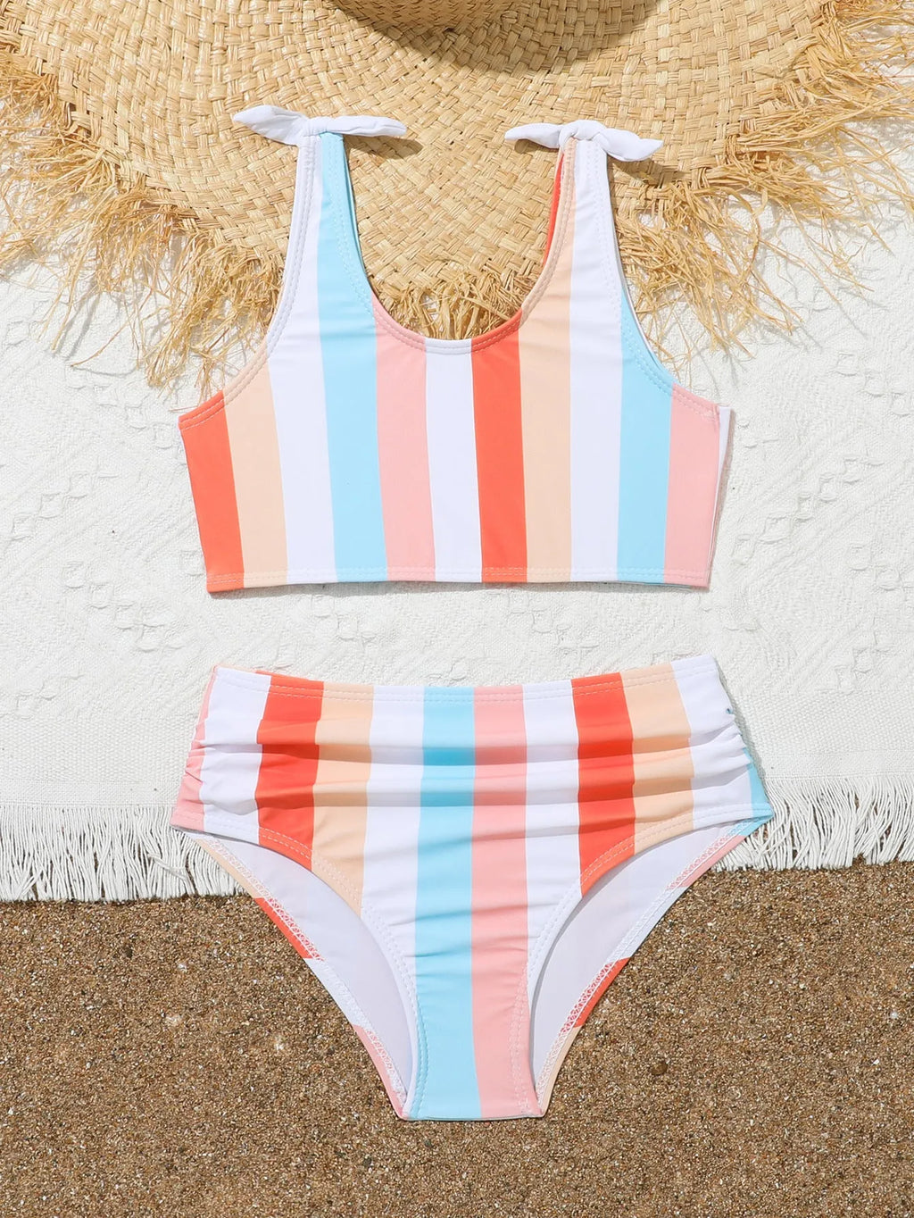 Girls printed plaid pattern seaside vacation swimsuit in brief style with polyester lining, available in multiple sizes