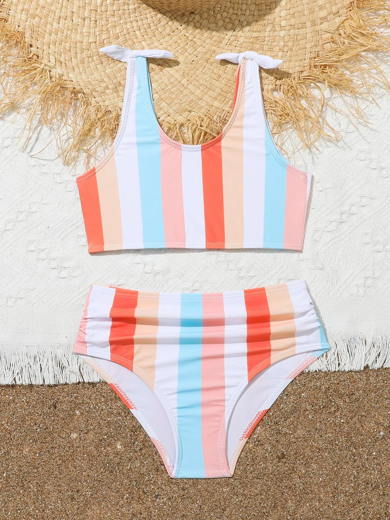 Girls printed plaid pattern seaside vacation swimsuit in brief style with polyester lining, available in multiple sizes