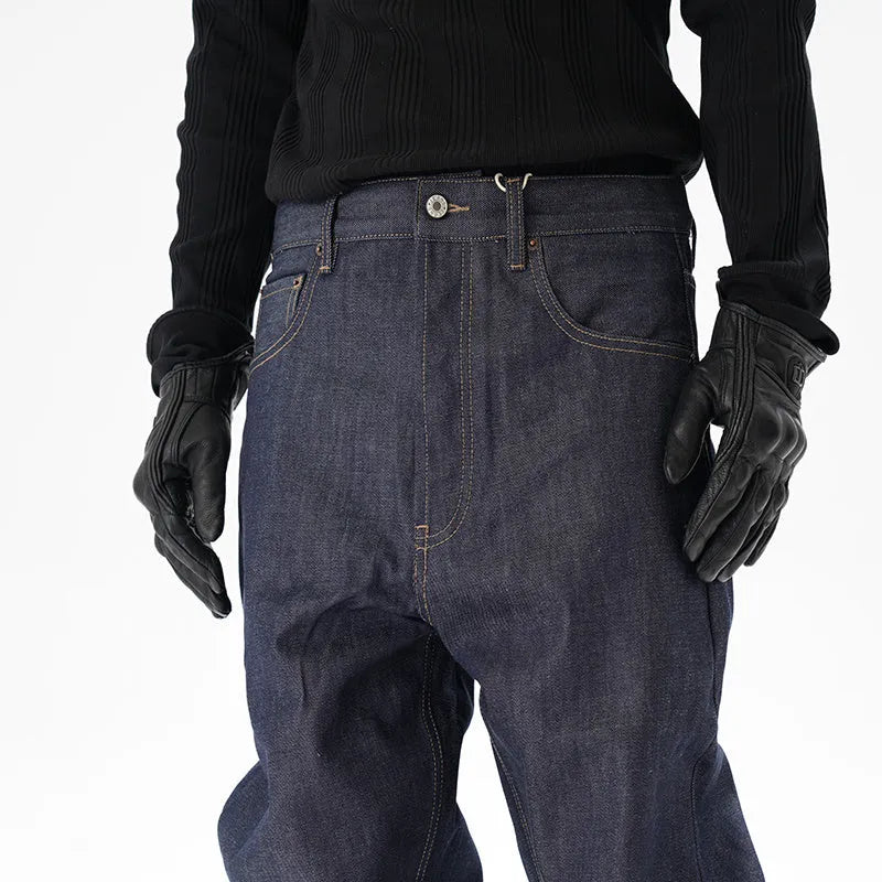Casual loose straight original jeans in dark blue denim fabric, front view, showing loose straight leg cut.