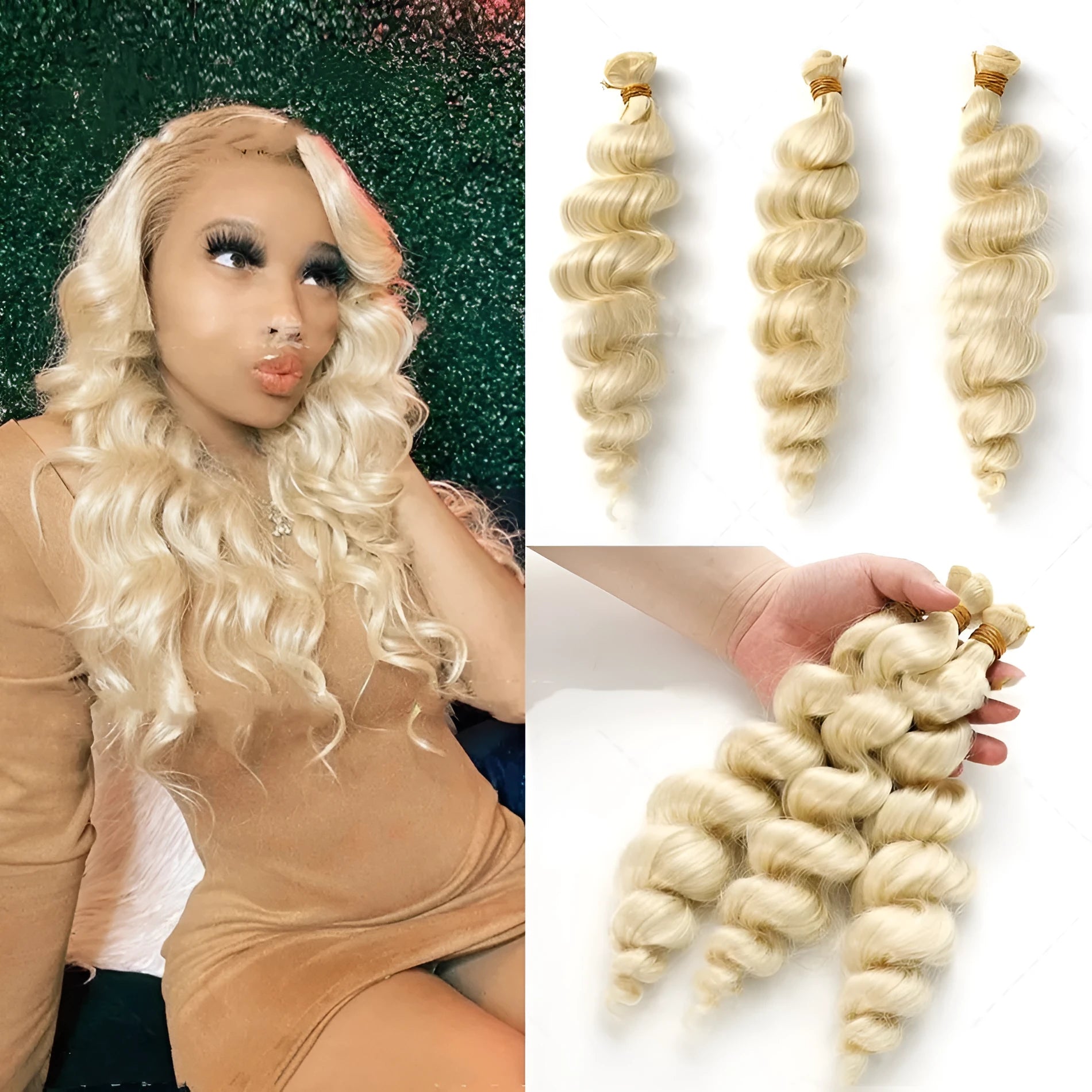 Golden blonde synthetic hair wig for women shown in long length.