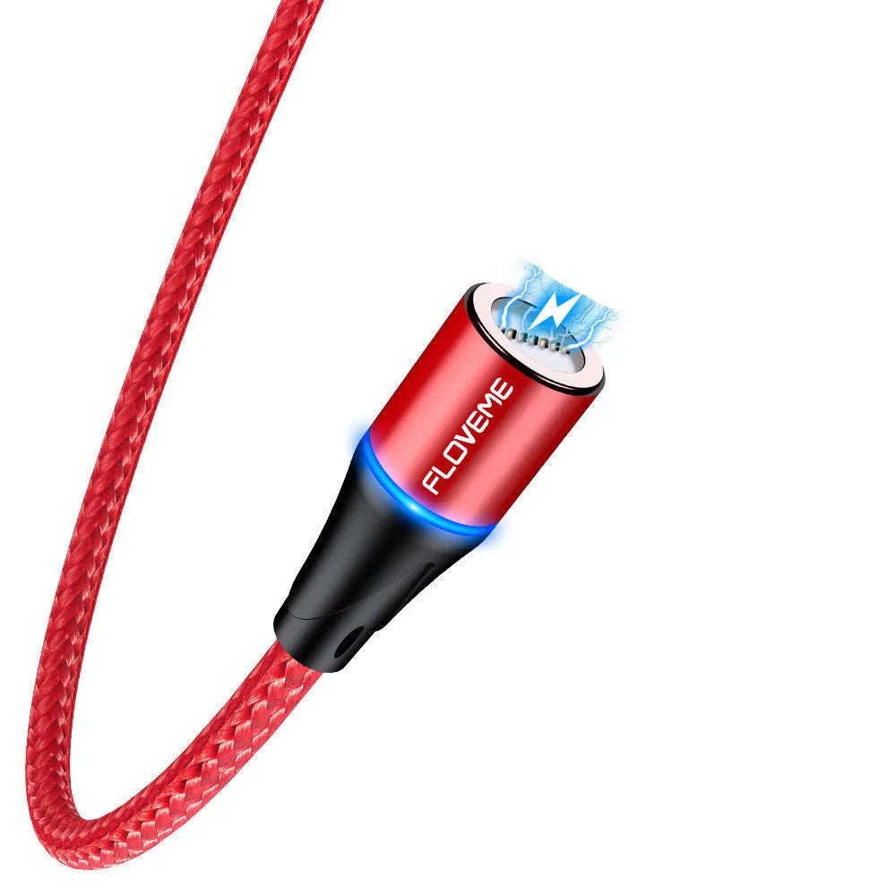 Black magnetic fast-charge data cable with side LED light and Type-C, Lightning, and Micro-USB connectors.
