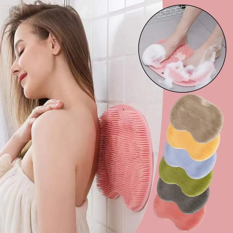 Non-slip bath mat with silicone bristles and suction cup base in a shower