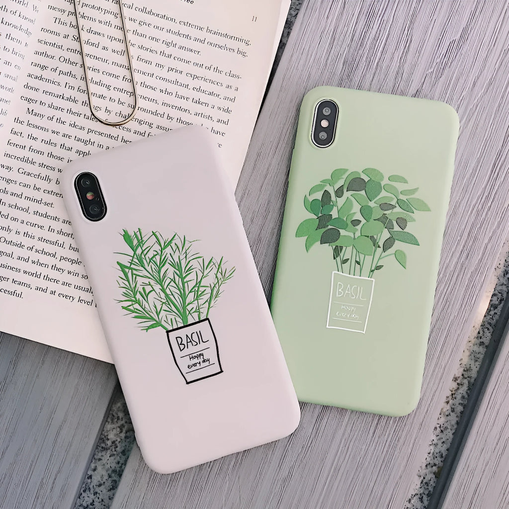 White silicone phone case back cover with painted plant pattern for iPhone