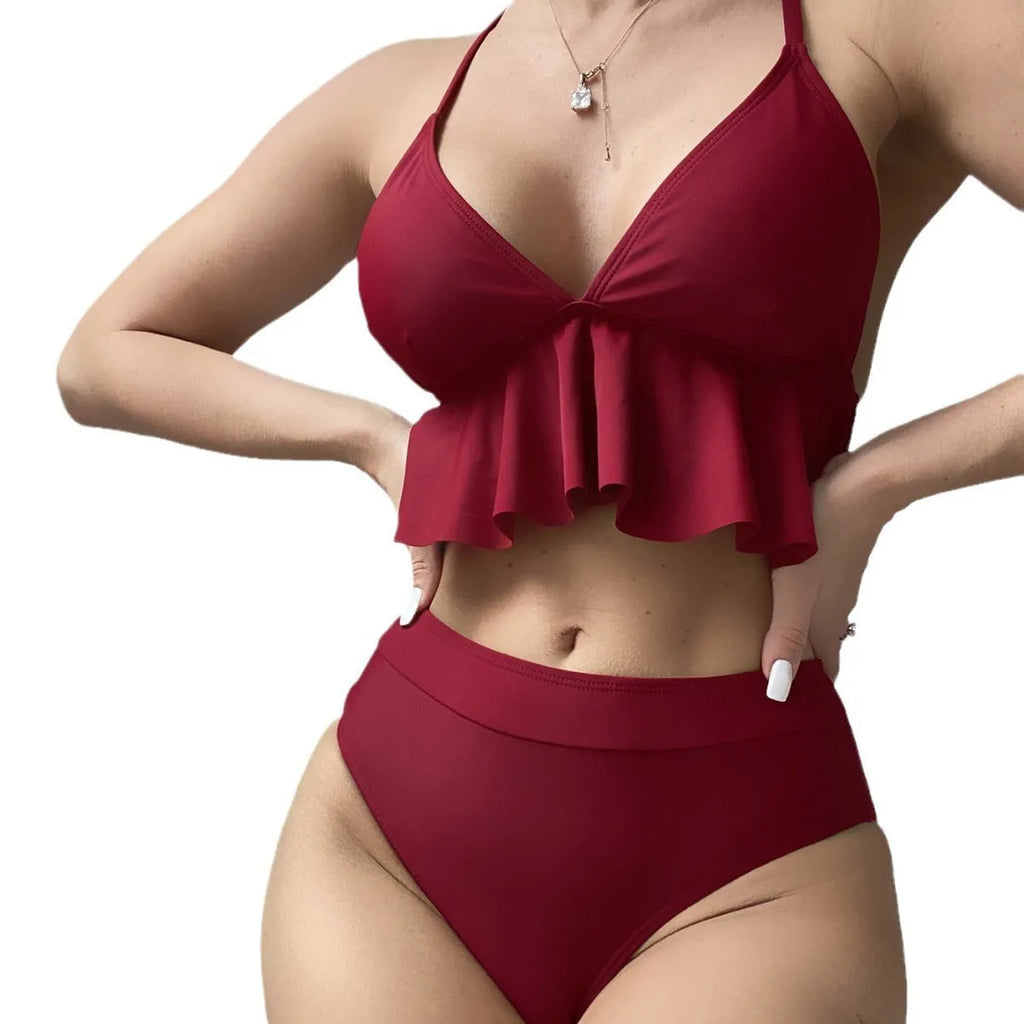 Women's solid colour split bikini swimsuit in black with polyester fabric and spandex lining