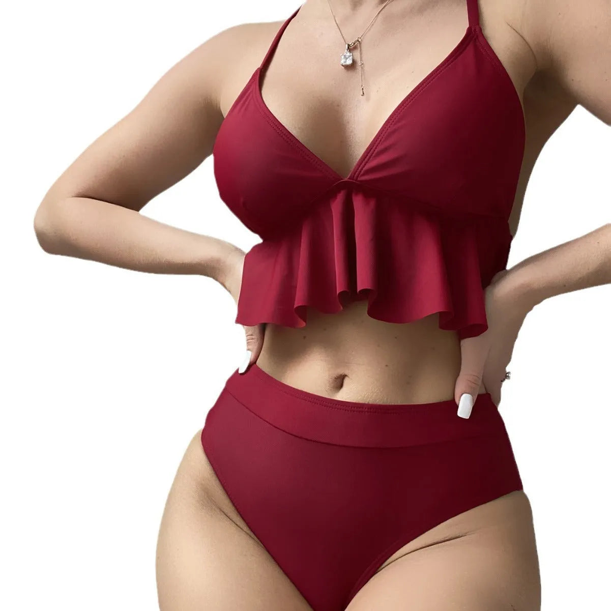 Women's solid colour split bikini swimsuit in black with polyester fabric and spandex lining