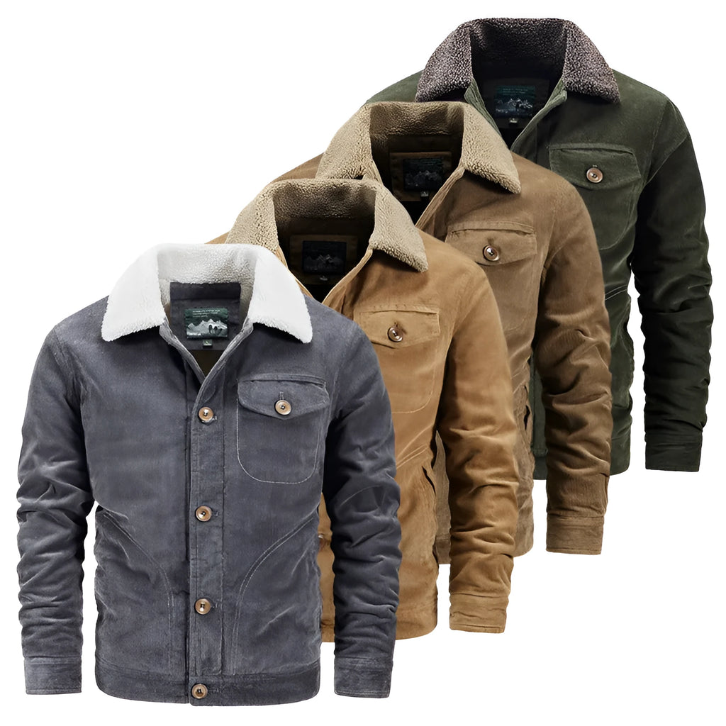 Men's cotton corduroy cardigan coat in army green with velvet lining, loose single-breasted fit, side view