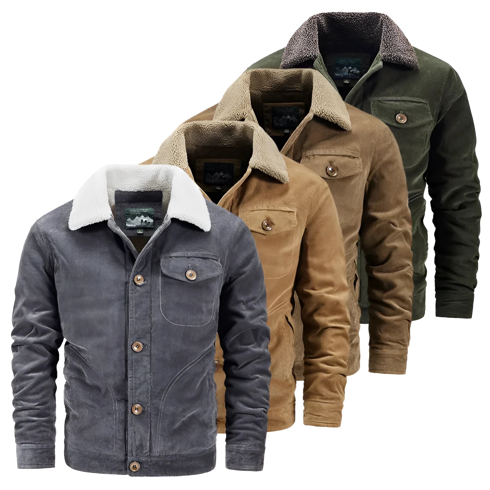 Men's cotton corduroy cardigan coat in army green with velvet lining, loose single-breasted fit, side view