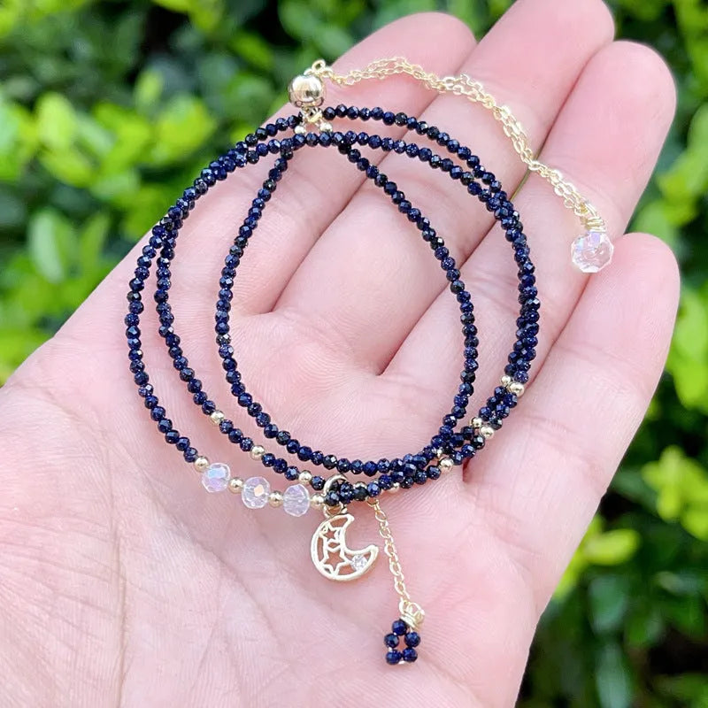 Women's blue gold sand stone cut three-ring multi-layer bracelet with manual craftsmanship