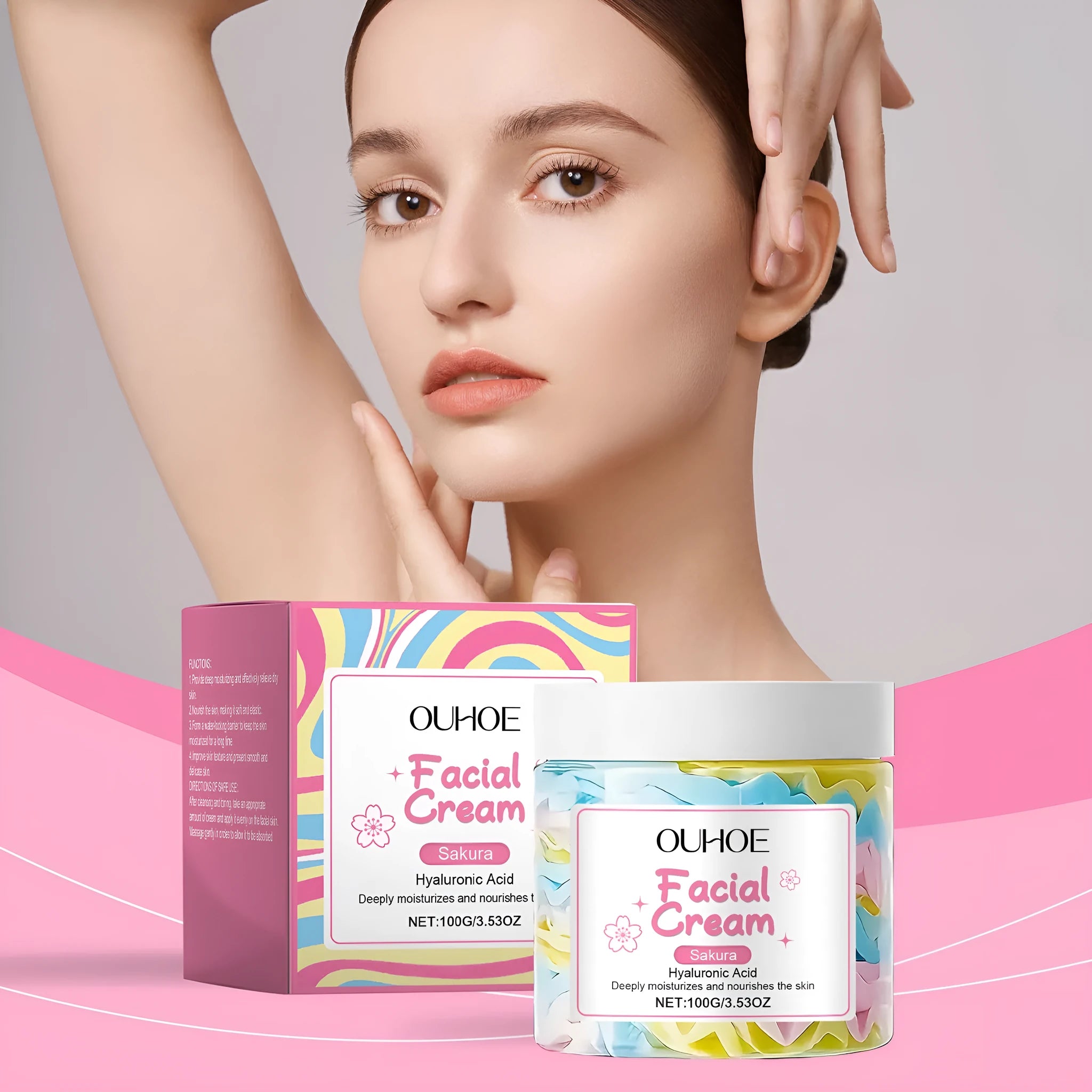 Sakura butter cream moisturiser in 5.7cm cube container with 100g net content for facial skincare