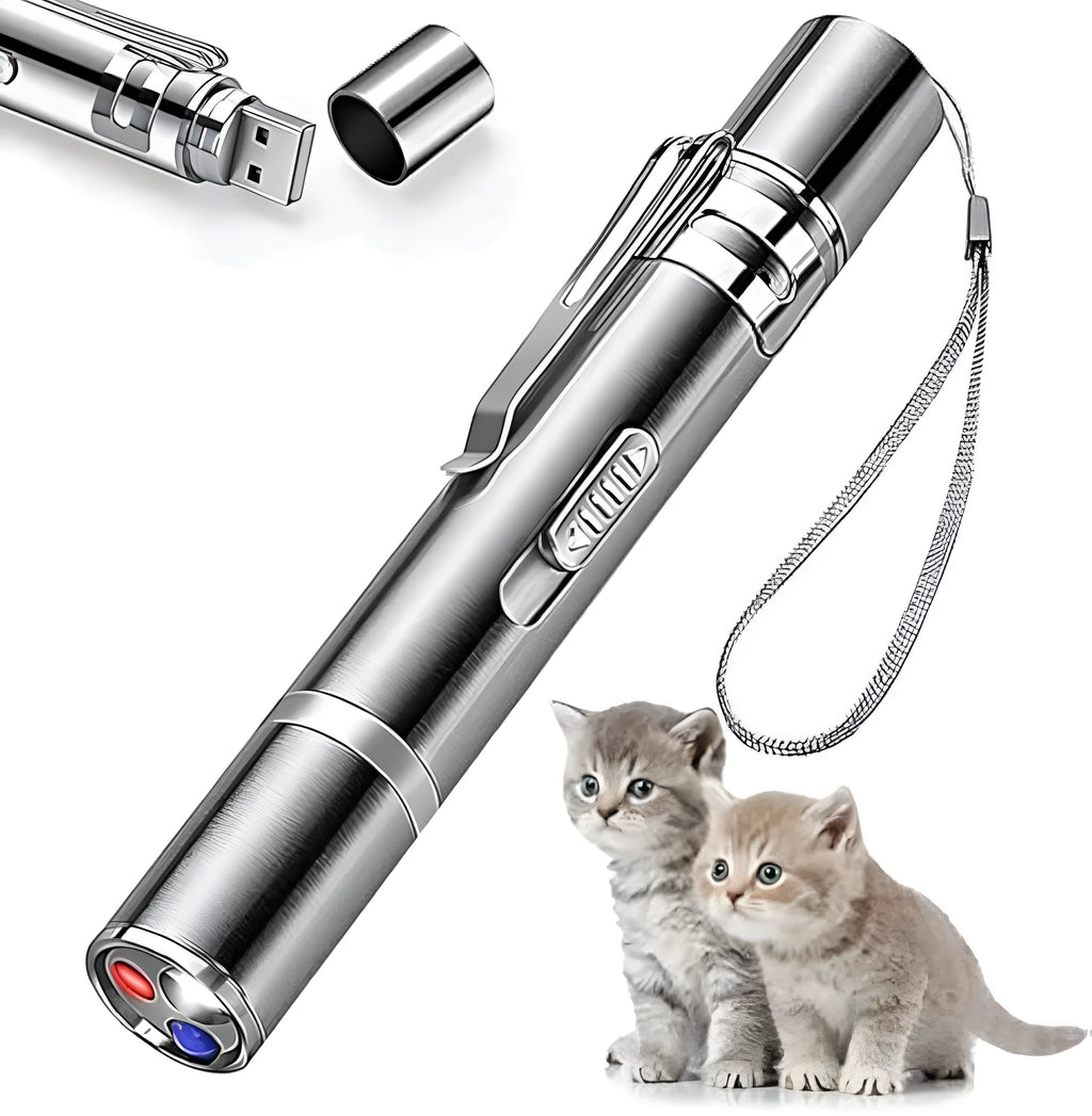 Silver aluminium cat laser pointer showing mouse and butterfly light patterns on a wall.