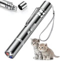 Silver aluminium cat laser pointer showing mouse and butterfly light patterns on a wall.