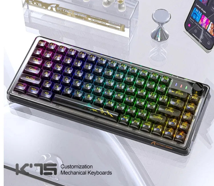 Attack Shark K75 RGB wireless mechanical keyboard with transparent case on a desk