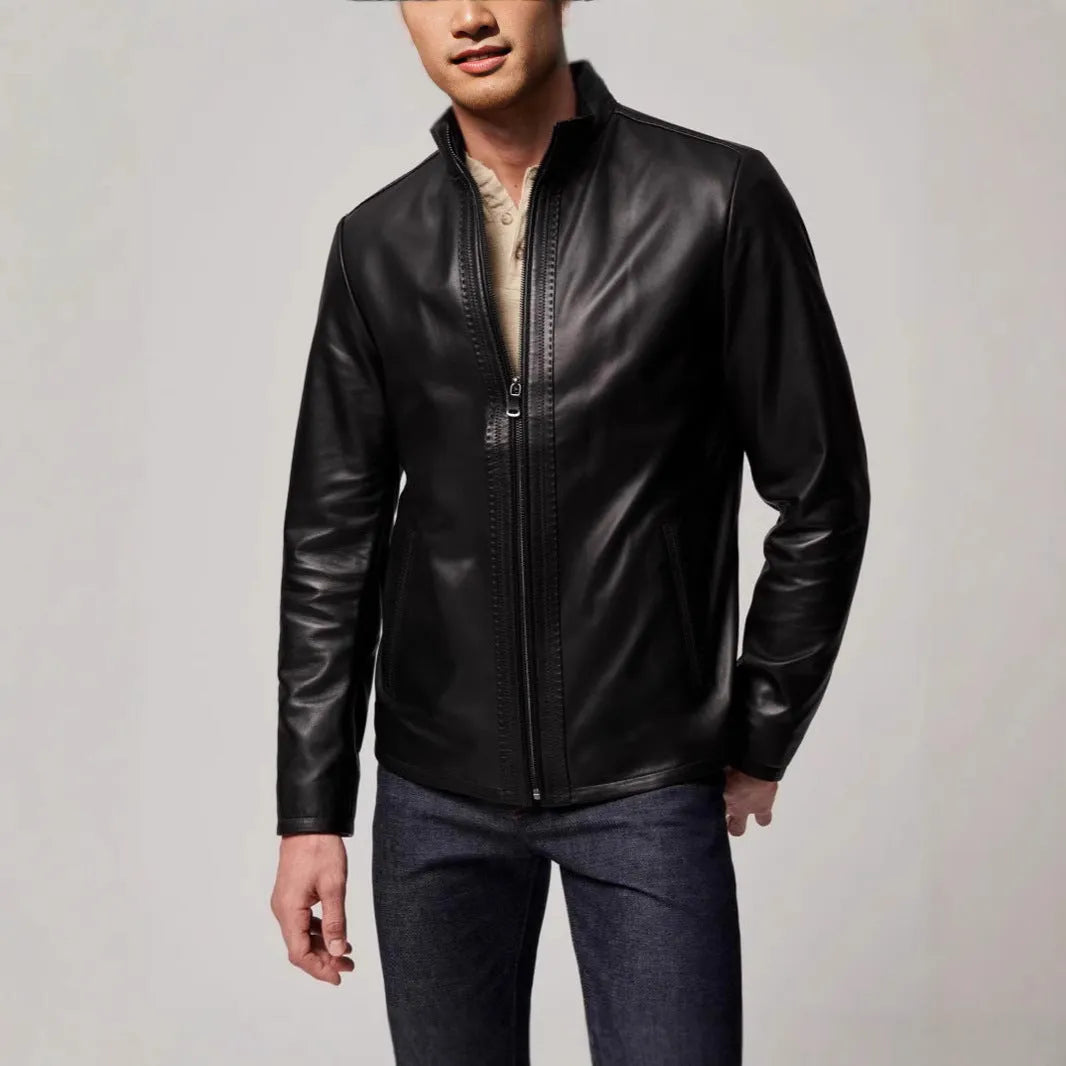 Men's retro black polyester fibre leather-style jacket, regular fit, long sleeves, straight hem, front view