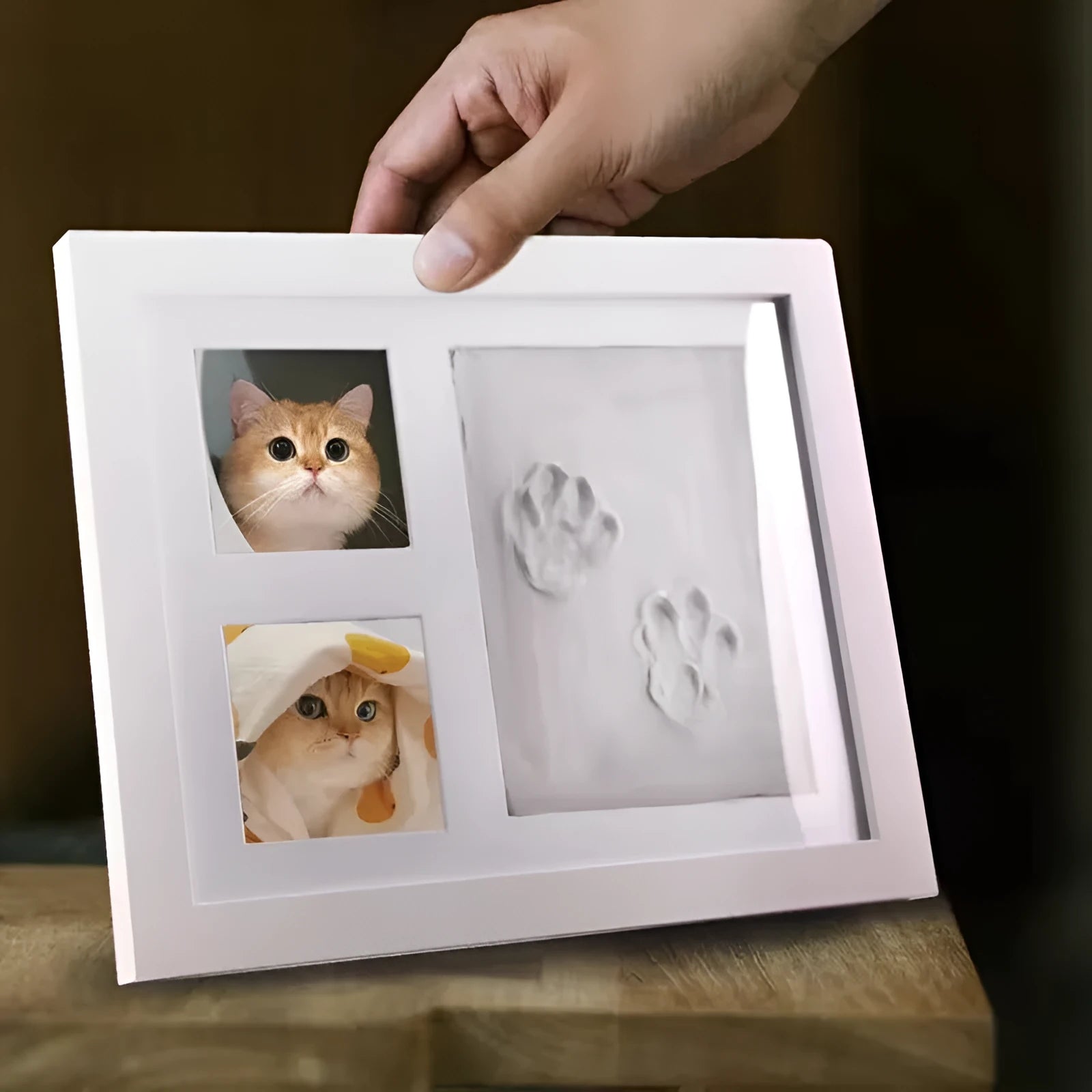 Pet hand and foot print photo frame with black frame and white mud paw print