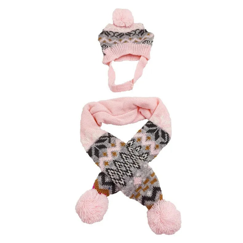 Japanese-style retro jacquard acrylic pet sweater and scarf hat set in gray and pink for small dogs and cats