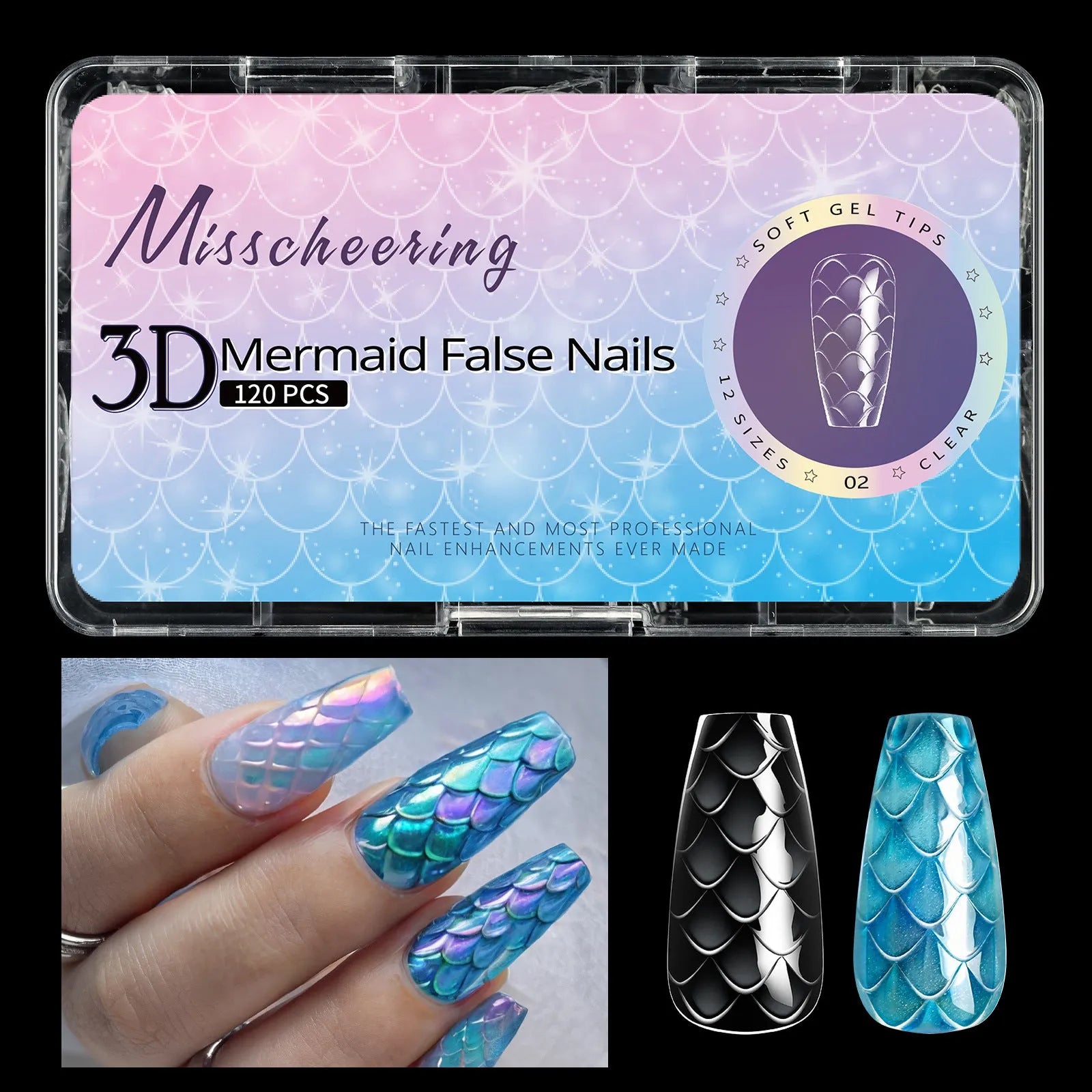 3D scale long shaping nail tips in Frigate box packaging with multiple colour options for nail extension use
