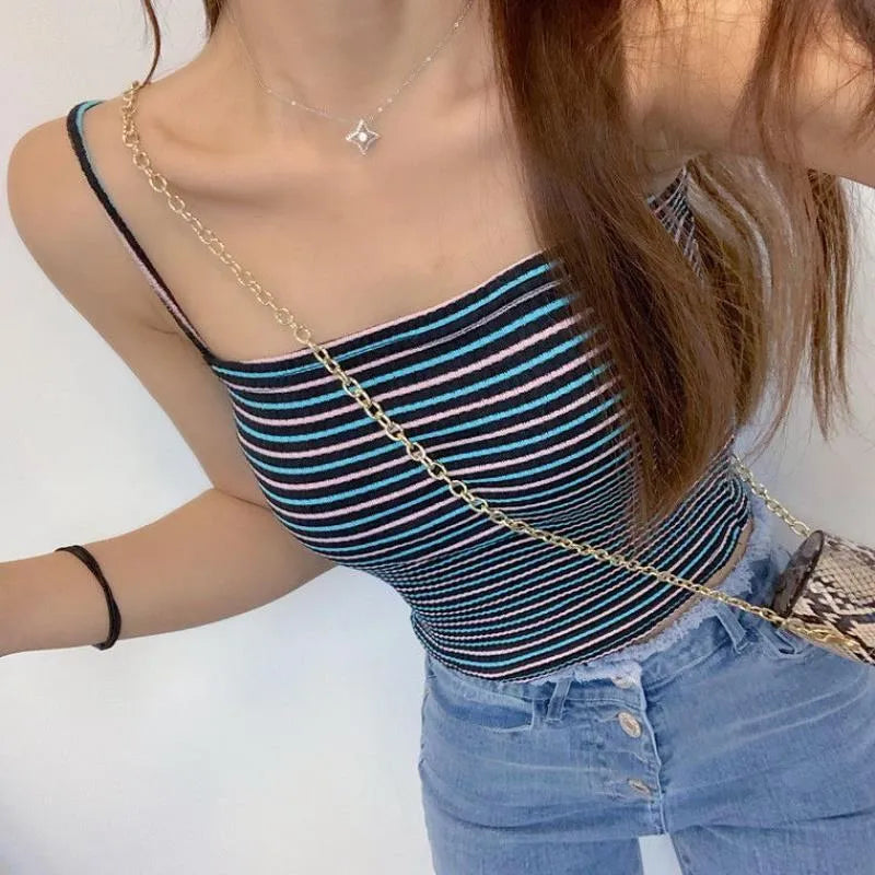 Korean style slim fit striped bottoming shirt for women in white, black, yellow, green, blue, pink