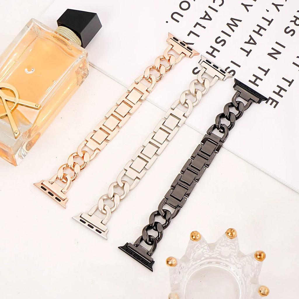 Denim chain metal Apple Watch compatible strap in silver, black, gold, rose gold, and starlight colours for 38-49mm cases.