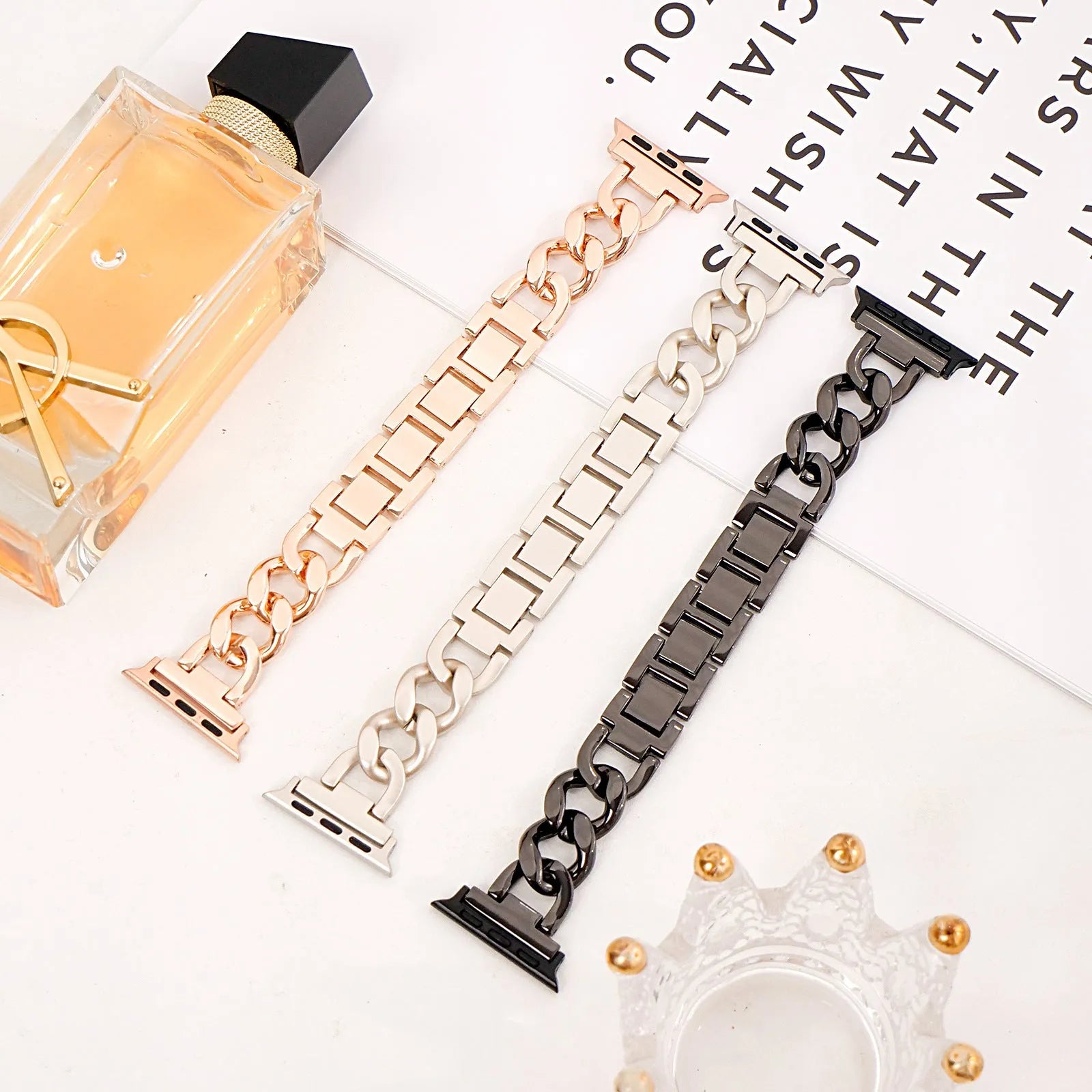 Denim chain metal Apple Watch compatible strap in silver, black, gold, rose gold, and starlight colours for 38-49mm cases.