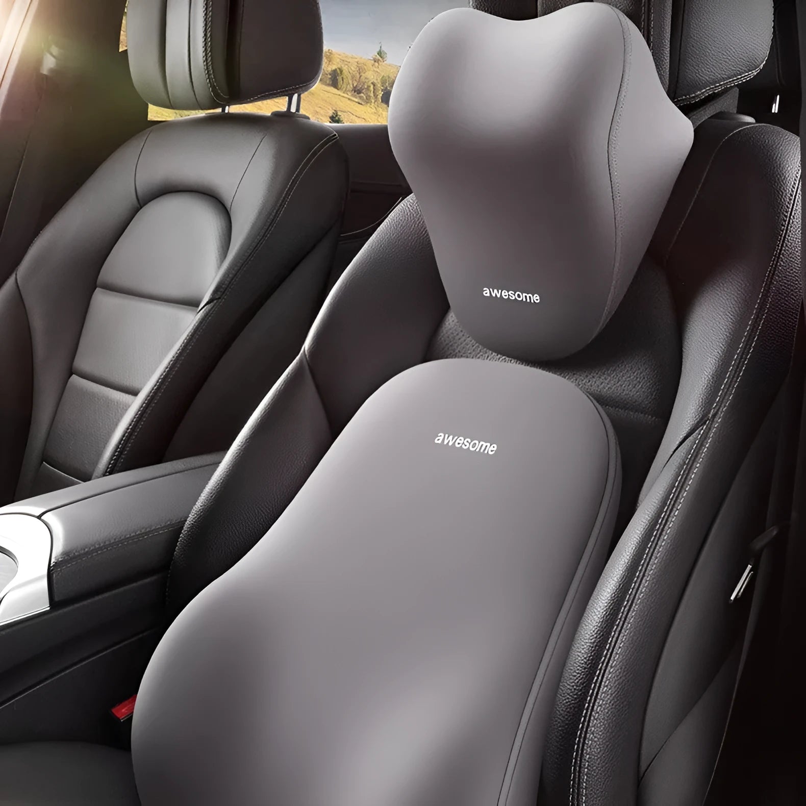 Automotive headrest lumbar support pillow set with memory foam filler in Y-black colour option for car seat