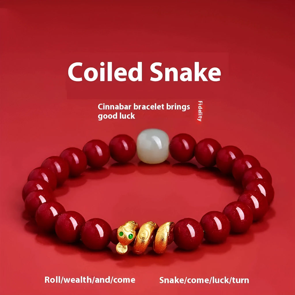 Handmade cinnabar snake bracelet with roll beads in 6mm or 8mm size for Chinese zodiac year