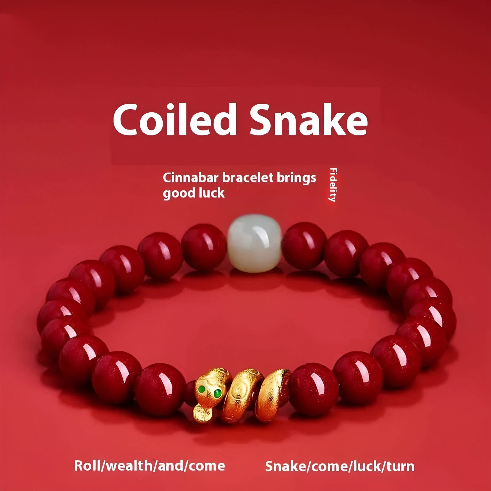 Handmade cinnabar snake bracelet with roll beads in 6mm or 8mm size for Chinese zodiac year